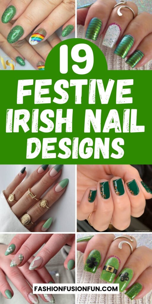 Creative and vibrant St. Patrick's Day nail art featuring shamrock nail stickers and trendy acrylic nails for St. Patrick's Day.