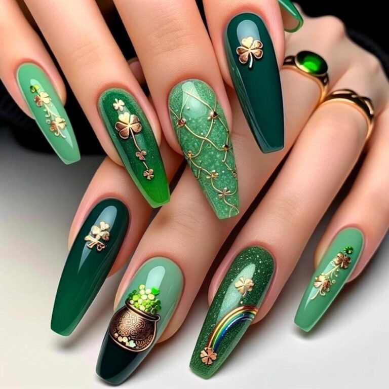Vibrant St Patrick's Day nails showcasing green and gold ombre design, elegant shamrock nail art, and classy acrylic green nails for festive manicure inspiration.
