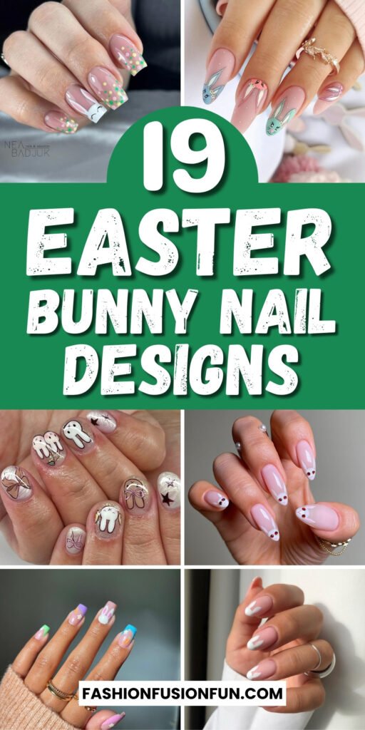 Funny bunny nails with a mix of bubble bath and chrome finishes perfect for Easter or a chic almond-shaped manicure