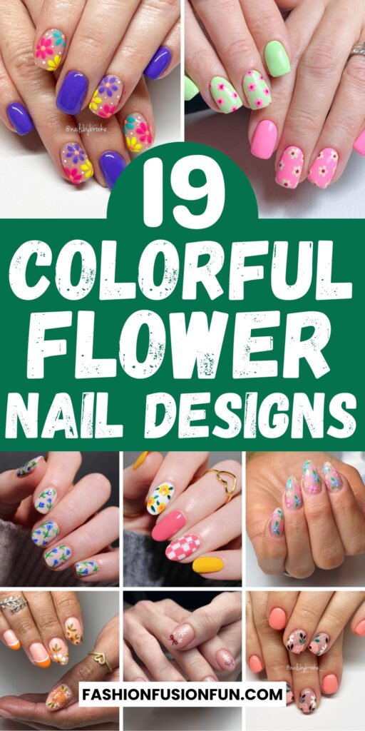 Elegant summer nails with vibrant pink and blue flower designs, featuring acrylic 3D flowers on a glossy white base, perfect for spring and summer fashion.