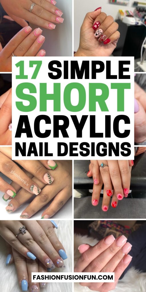 Variety of short acrylic nails designs featuring french tip nails, short square nails acrylic, and cute short nail designs for stylish manicure inspiration.