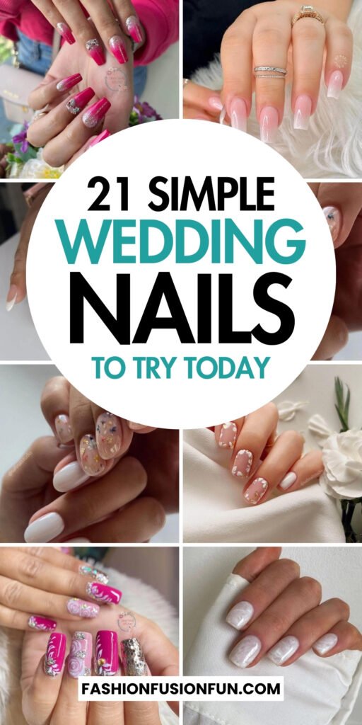 Elegant bridal nails with French manicure and white chrome accents, perfect for weddings.
