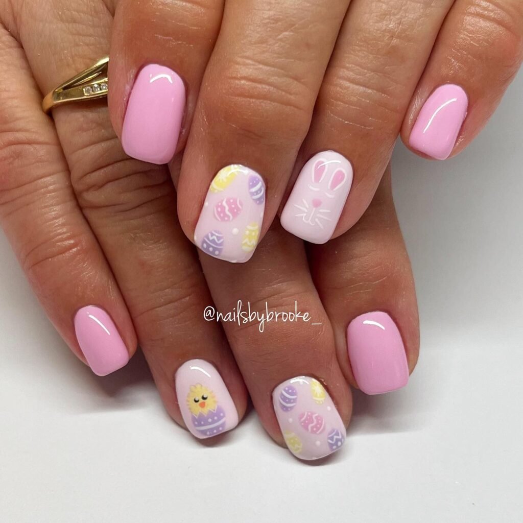 Funny bunny nails with a mix of bubble bath and chrome finishes perfect for Easter or a chic almond-shaped manicure