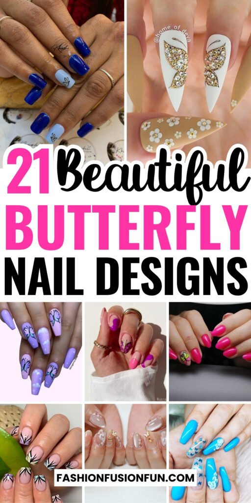 A stunning collection of butterfly nail art, showcasing pink, purple, and monarch designs on acrylic and press-on butterfly nails.