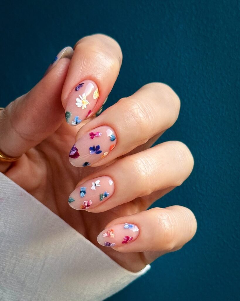 Elegant summer nails with vibrant pink and blue flower designs, featuring acrylic 3D flowers on a glossy white base, perfect for spring and summer fashion.