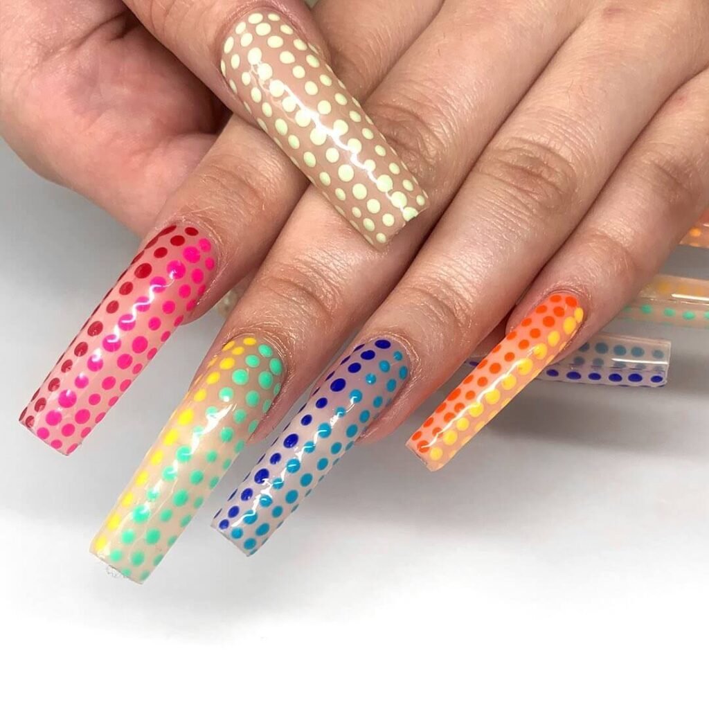 Assorted polka dot nail designs including pink polka dot nails, Easter nails, and black and white polka dot nails.