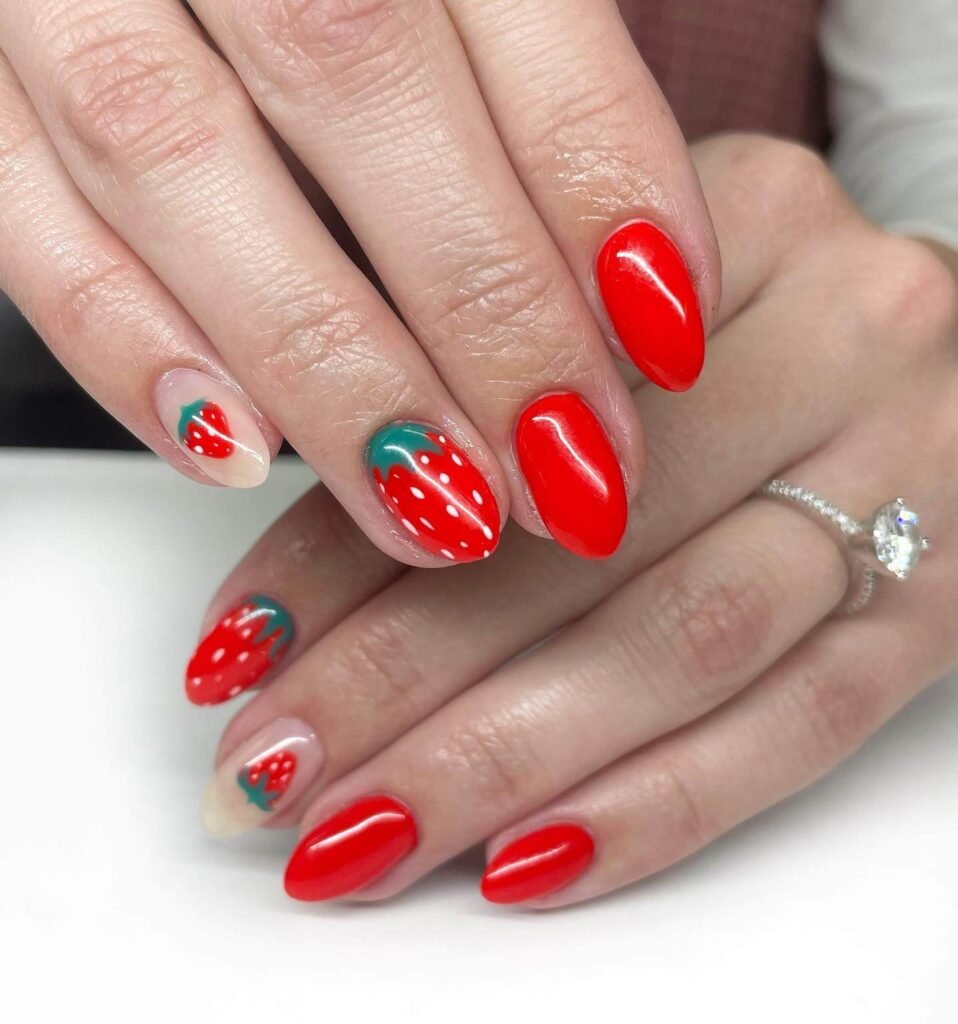 Bright red strawberry nail art with green leaves and white seeds, showcasing a fun and creative summer manicure design on a woman's hand.