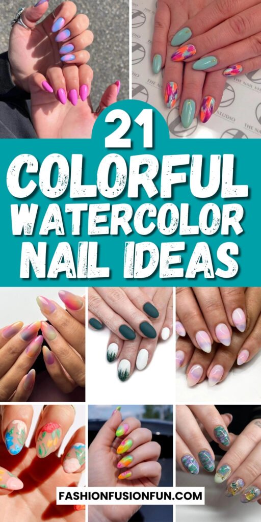 Step-by-step guide showing watercolor nail art using blue watercolor nails and watercolor gel polish for a stunning look.